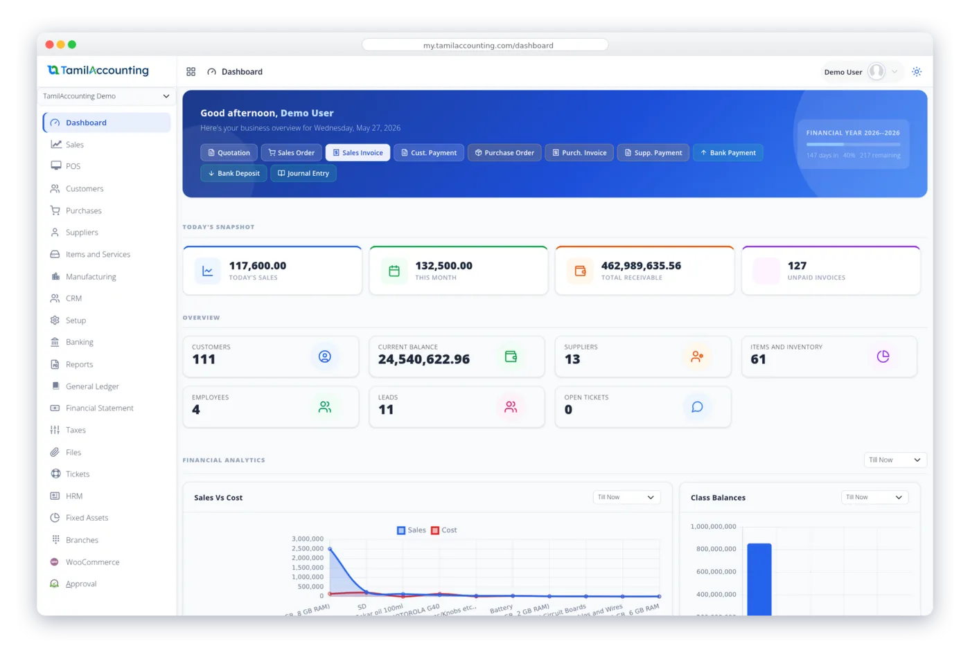 TamilAccounting dashboard showing sales, receivables and financial analytics